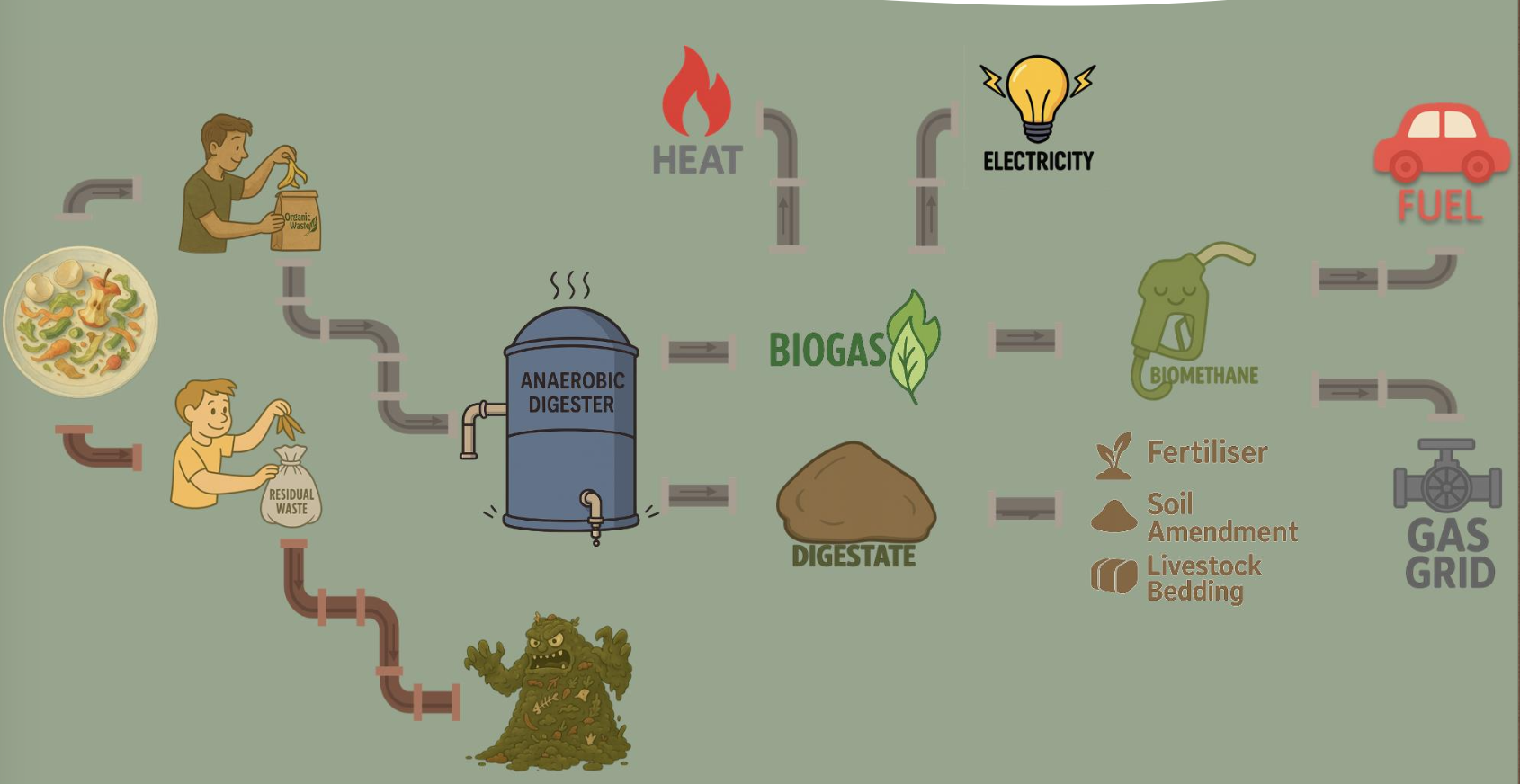 Illustration över hur matavfall blir biogas, biogödsel, värme, el och fordonsbränsle